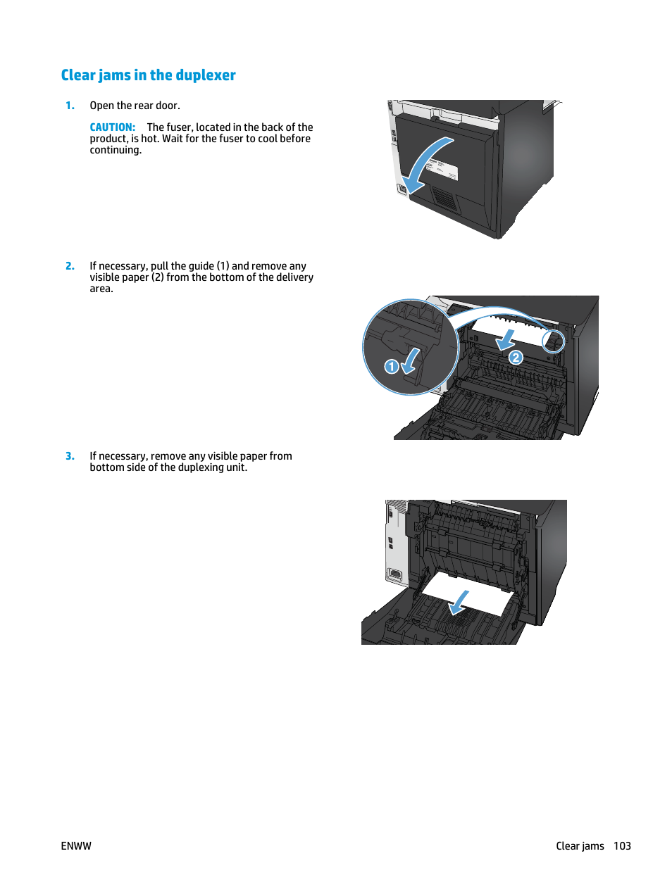 Clear jams in the duplexer | HP Color LaserJet Pro MFP M476 series User Manual | Page 113 / 144