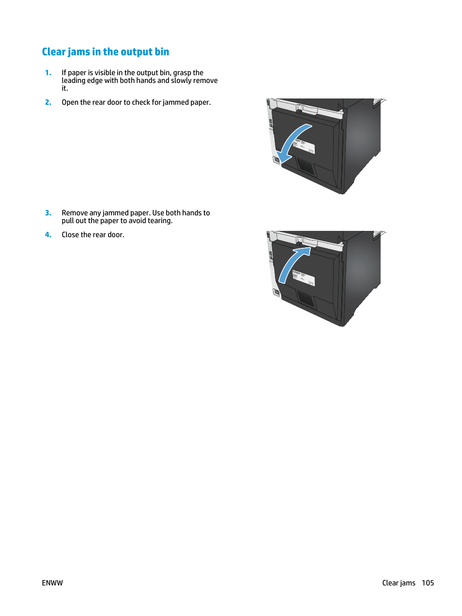 Clear jams in the output bin | HP Color LaserJet Pro MFP M476 series User Manual | Page 115 / 144