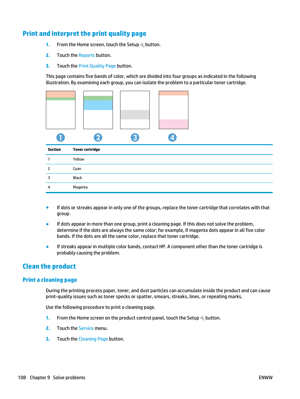 Clean the product, Print and interpret the print quality page, Print a cleaning page | HP Color LaserJet Pro MFP M476 series User Manual | Page 118 / 144