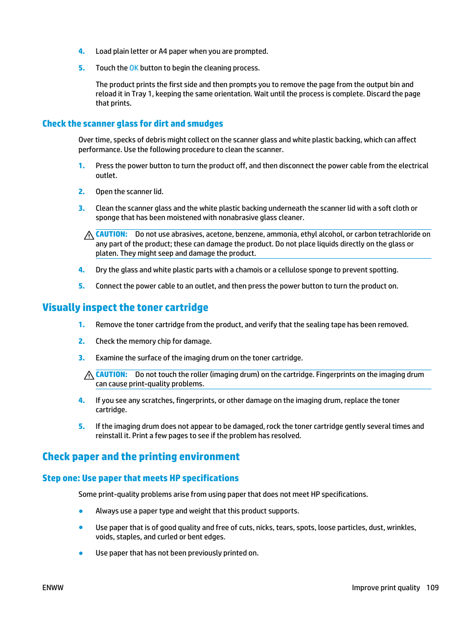 Check the scanner glass for dirt and smudges, Visually inspect the toner cartridge, Check paper and the printing environment | Step one: use paper that meets hp specifications | HP Color LaserJet Pro MFP M476 series User Manual | Page 119 / 144