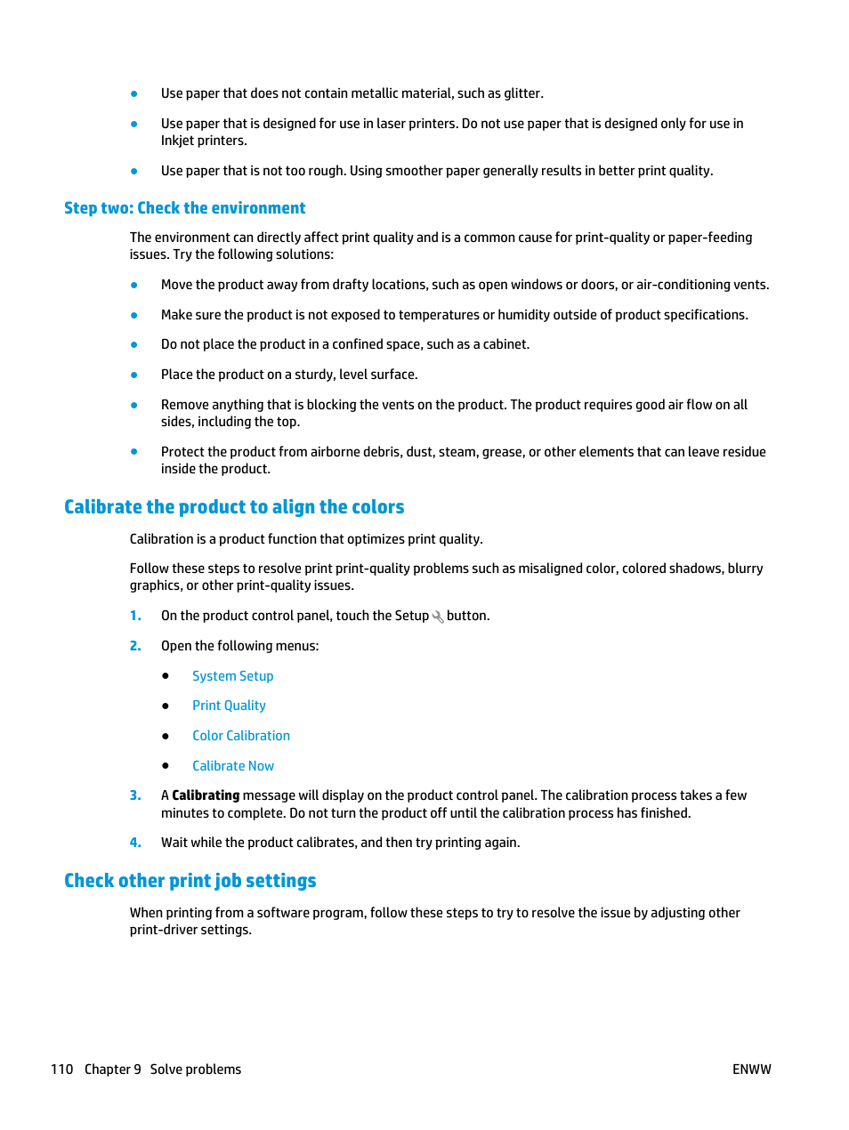 Step two: check the environment, Calibrate the product to align the colors, Check other print job settings | HP Color LaserJet Pro MFP M476 series User Manual | Page 120 / 144