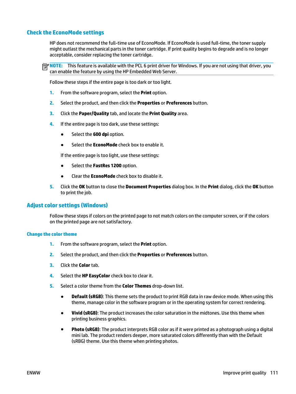 Check the economode settings, Adjust color settings (windows) | HP Color LaserJet Pro MFP M476 series User Manual | Page 121 / 144