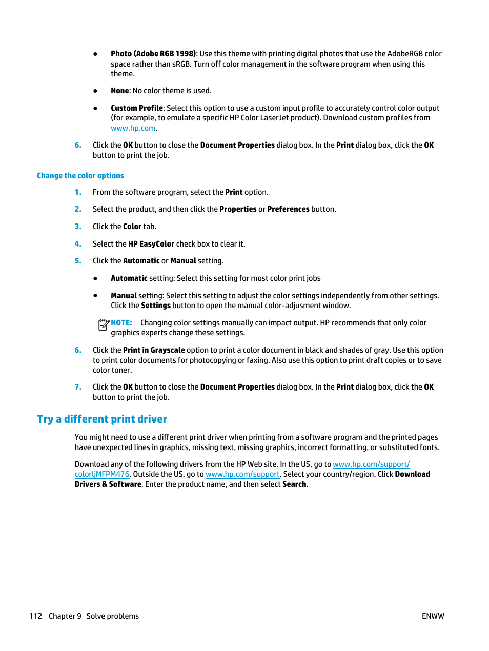 Try a different print driver | HP Color LaserJet Pro MFP M476 series User Manual | Page 122 / 144