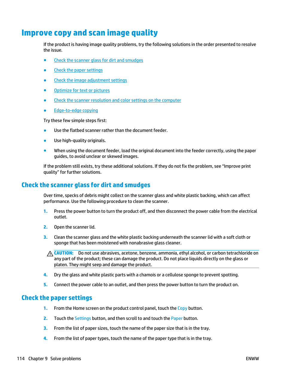 Improve copy and scan image quality, Check the scanner glass for dirt and smudges, Check the paper settings | HP Color LaserJet Pro MFP M476 series User Manual | Page 124 / 144