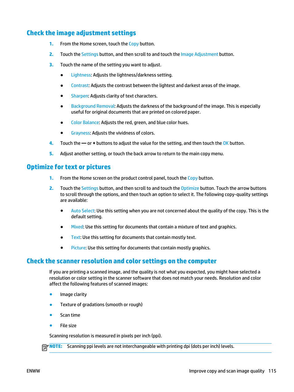 Check the image adjustment settings, Optimize for text or pictures | HP Color LaserJet Pro MFP M476 series User Manual | Page 125 / 144