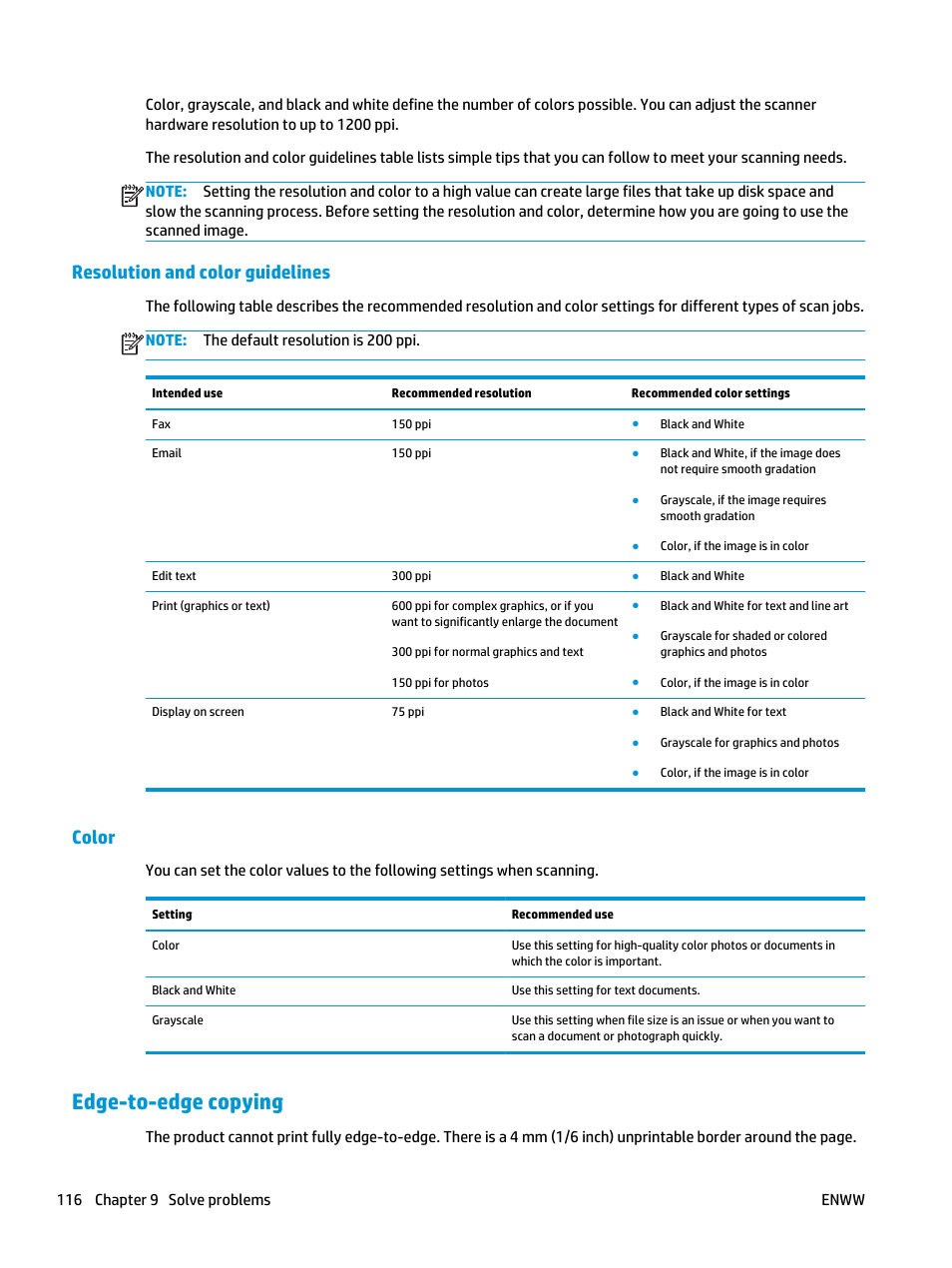 Resolution and color guidelines, Color, Edge-to-edge copying | Resolution and color guidelines color | HP Color LaserJet Pro MFP M476 series User Manual | Page 126 / 144