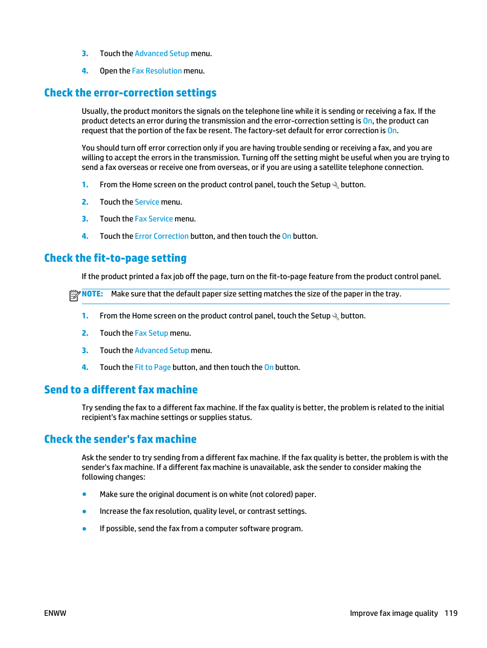 Check the error-correction settings, Send to a different fax machine, Check the sender's fax machine | Check the fit-to-page setting | HP Color LaserJet Pro MFP M476 series User Manual | Page 129 / 144