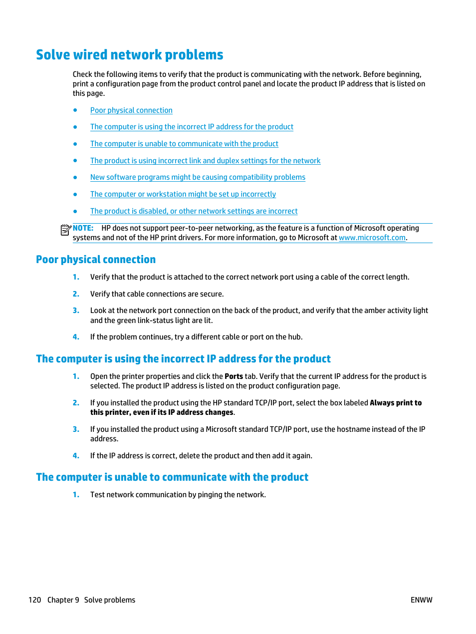 Solve wired network problems, Poor physical connection | HP Color LaserJet Pro MFP M476 series User Manual | Page 130 / 144