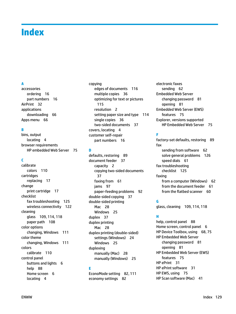 Index | HP Color LaserJet Pro MFP M476 series User Manual | Page 139 / 144