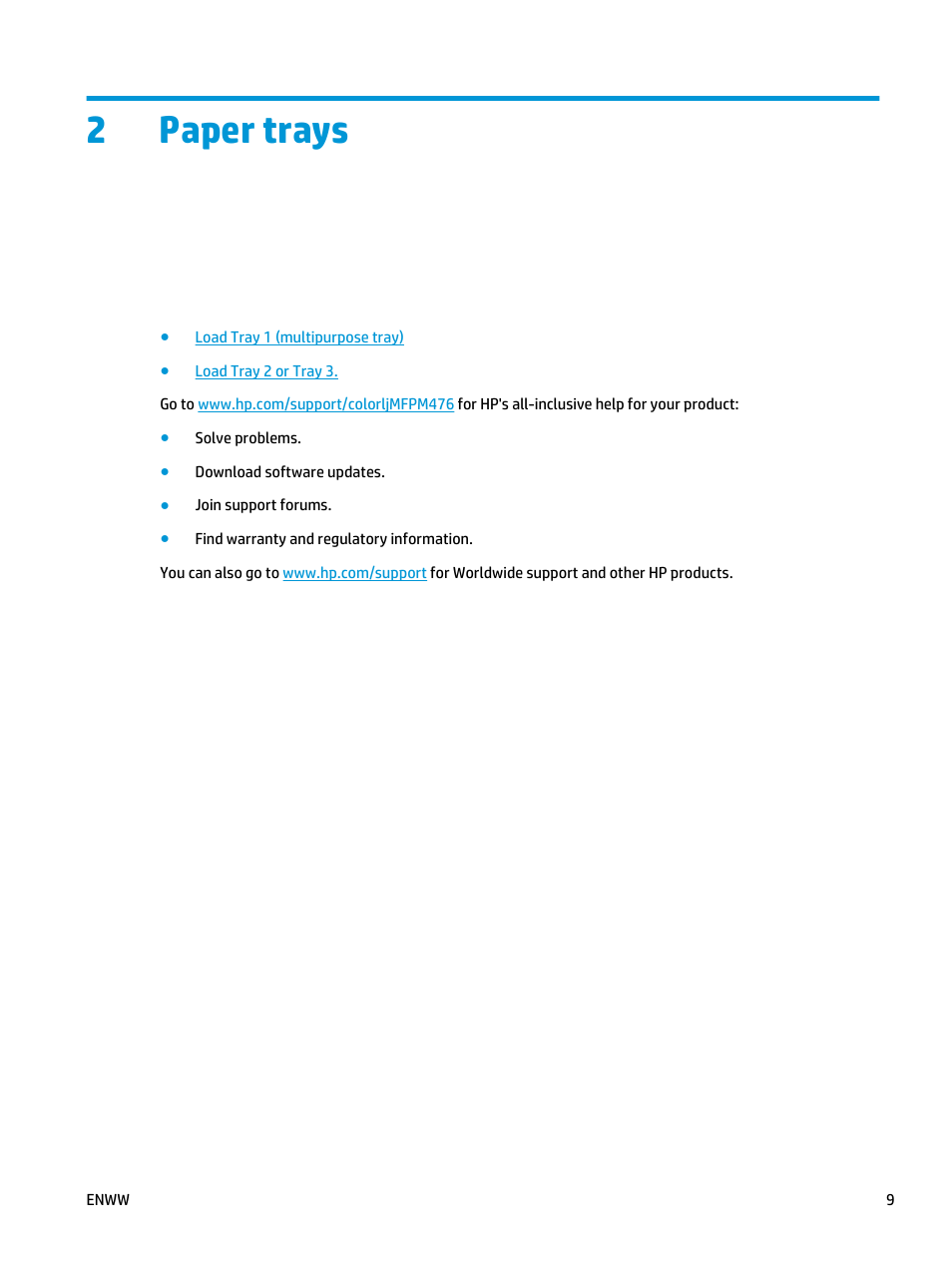 Paper trays, 2 paper trays, 2paper trays | HP Color LaserJet Pro MFP M476 series User Manual | Page 19 / 144