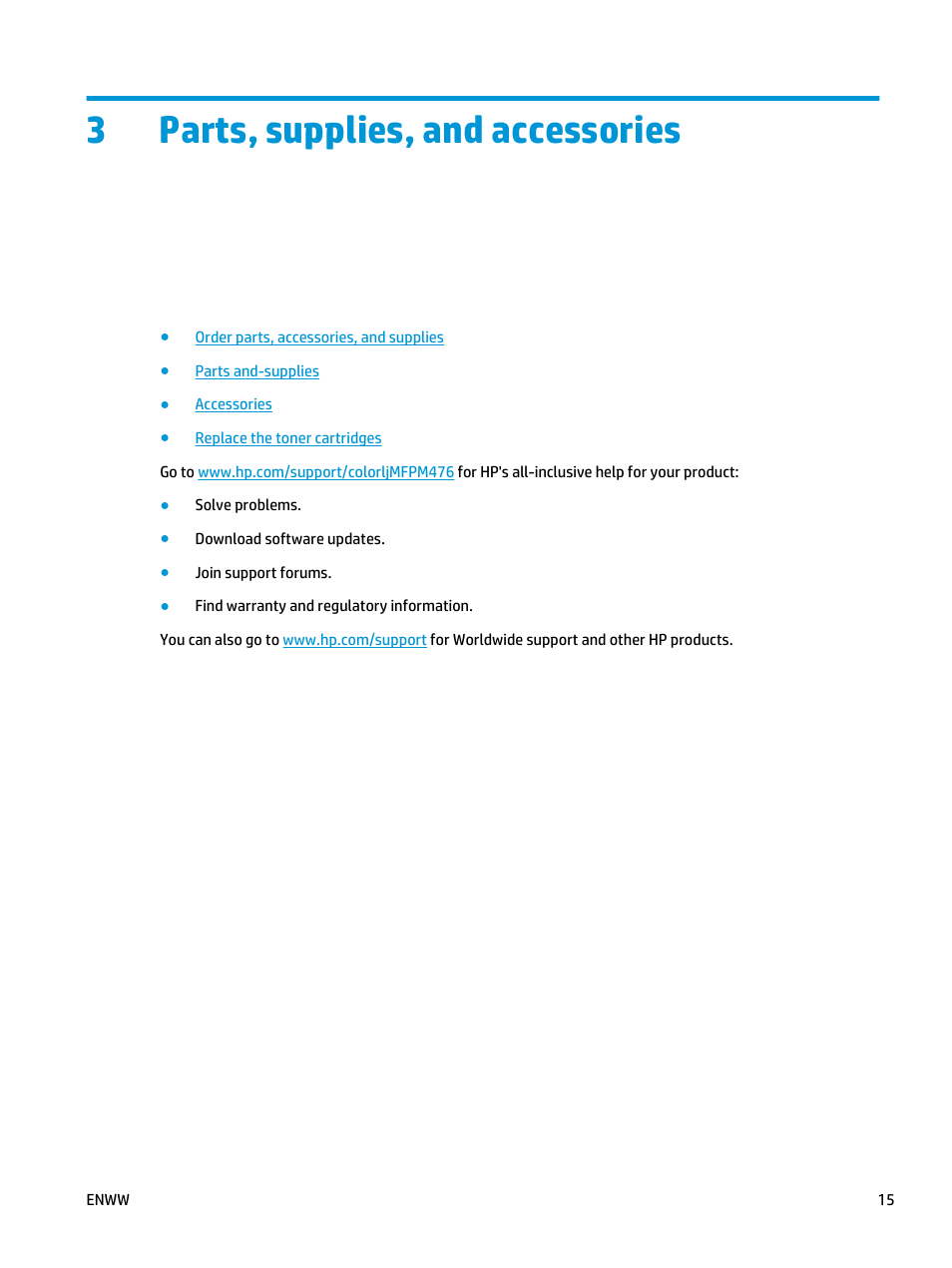 Parts, supplies, and accessories, 3 parts, supplies, and accessories, 3parts, supplies, and accessories | HP Color LaserJet Pro MFP M476 series User Manual | Page 25 / 144