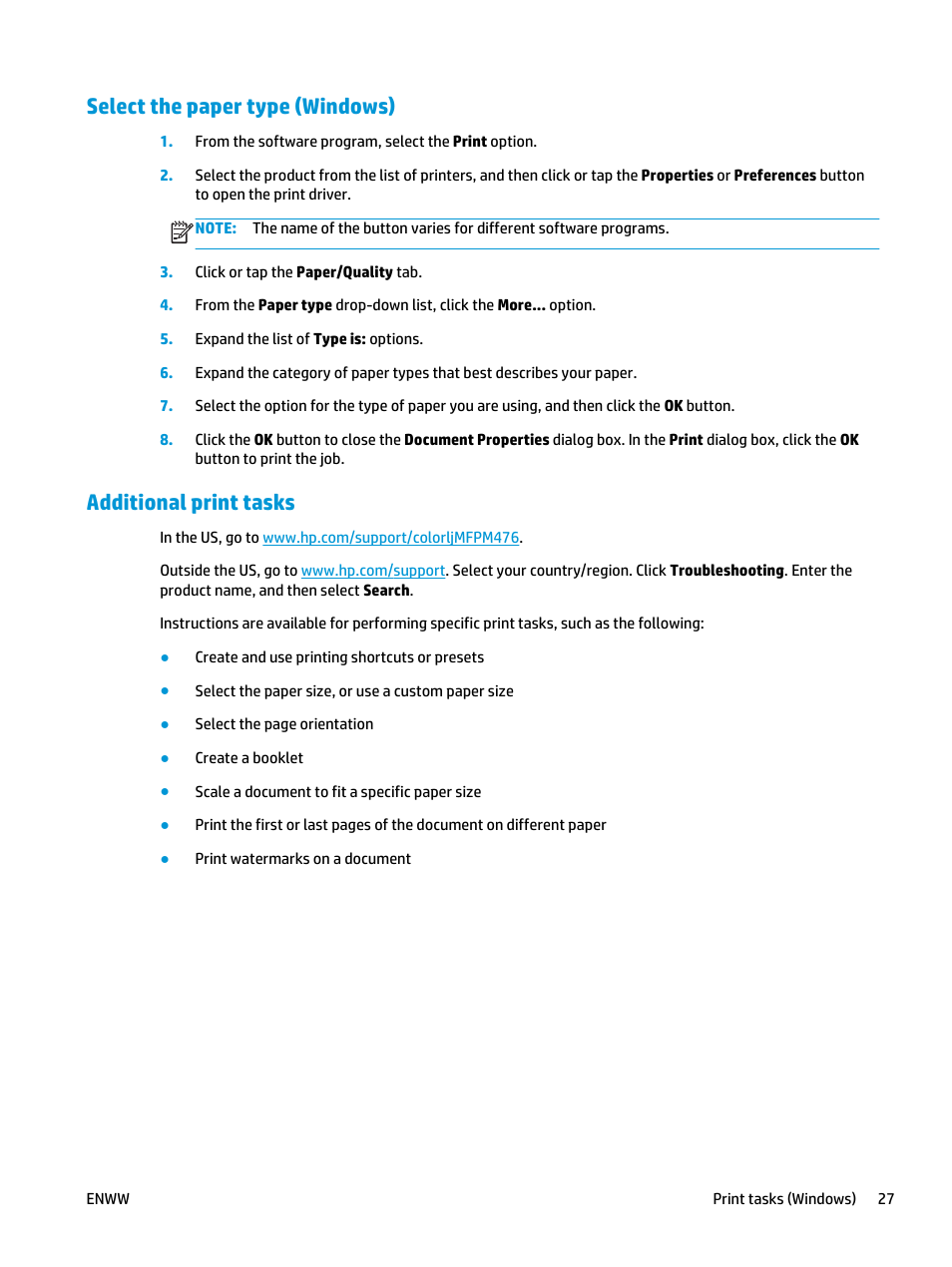 Select the paper type (windows), Additional print tasks | HP Color LaserJet Pro MFP M476 series User Manual | Page 37 / 144