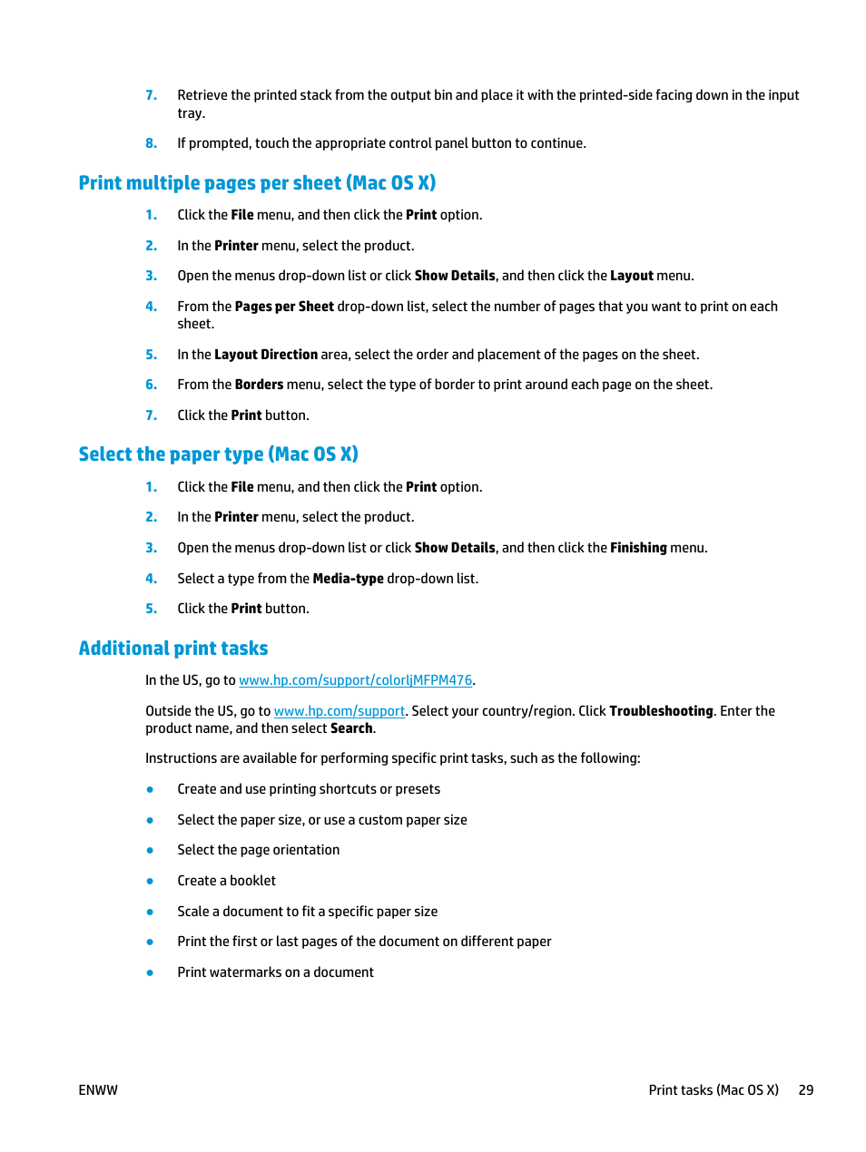 Select the paper type (mac os x), Additional print tasks, Print multiple pages per sheet (mac os x) | HP Color LaserJet Pro MFP M476 series User Manual | Page 39 / 144