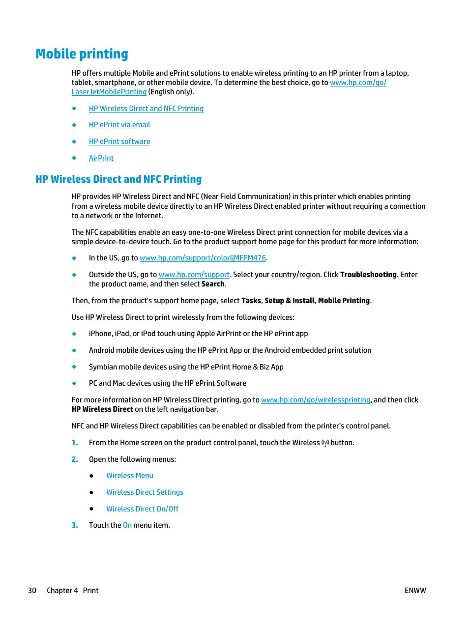 Mobile printing, Hp wireless direct and nfc printing | HP Color LaserJet Pro MFP M476 series User Manual | Page 40 / 144