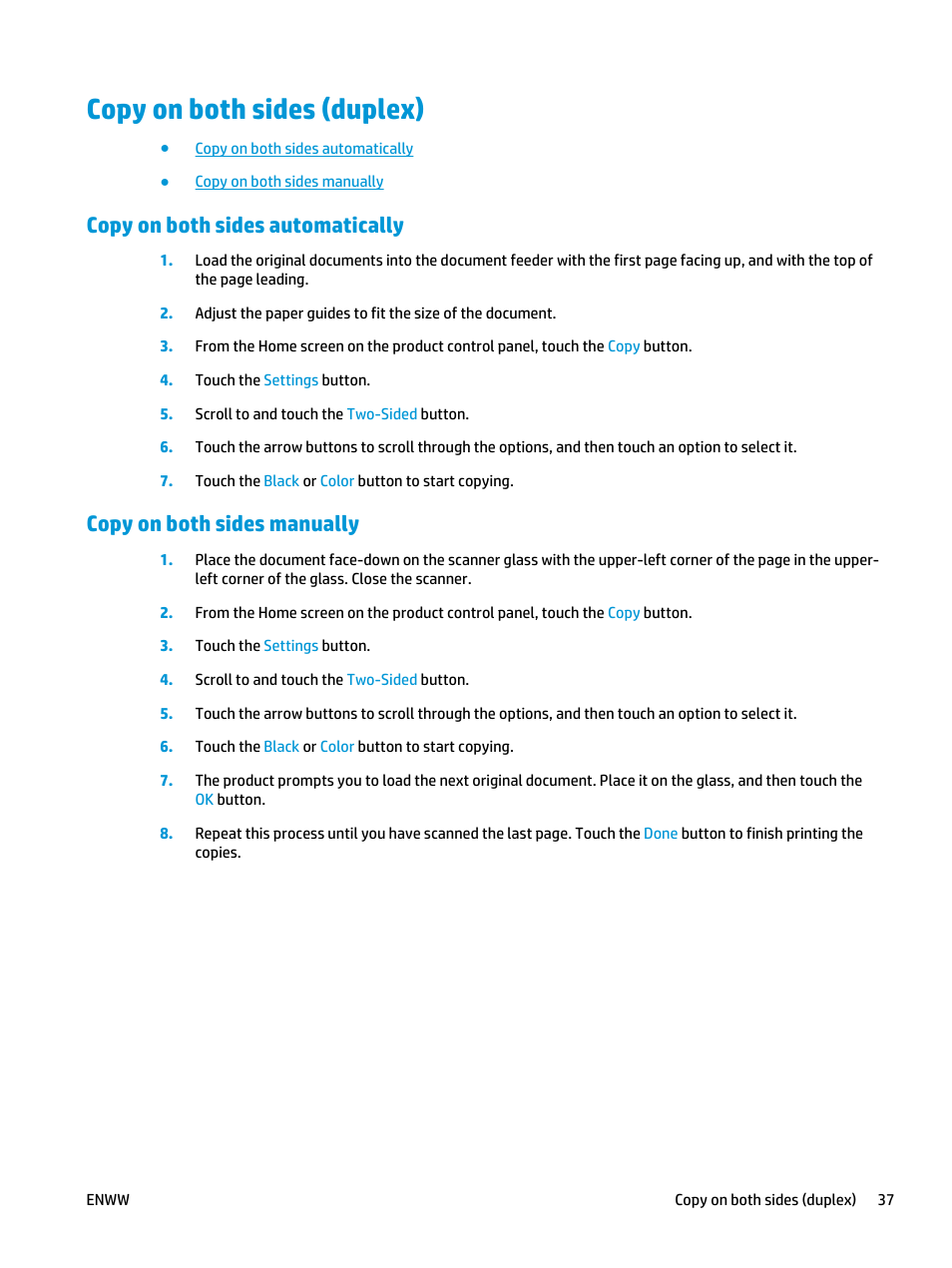 Copy on both sides (duplex), Copy on both sides automatically, Copy on both sides manually | HP Color LaserJet Pro MFP M476 series User Manual | Page 47 / 144