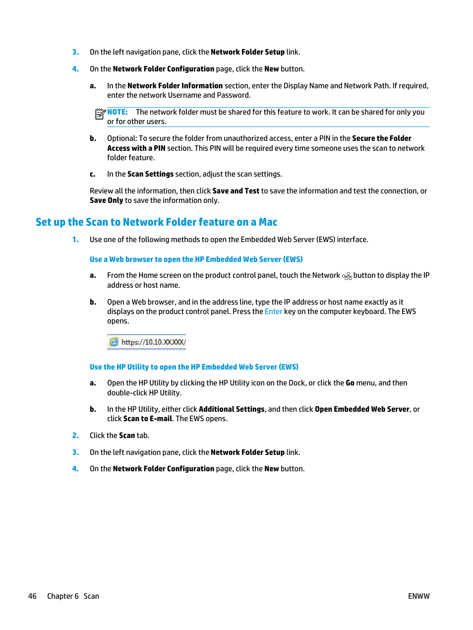 Set up the scan to network folder feature on a mac | HP Color LaserJet Pro MFP M476 series User Manual | Page 56 / 144