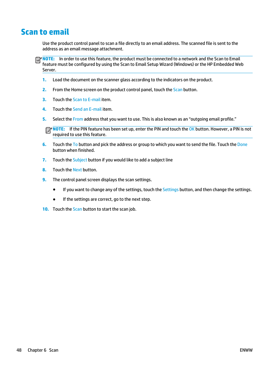 Scan to email | HP Color LaserJet Pro MFP M476 series User Manual | Page 58 / 144