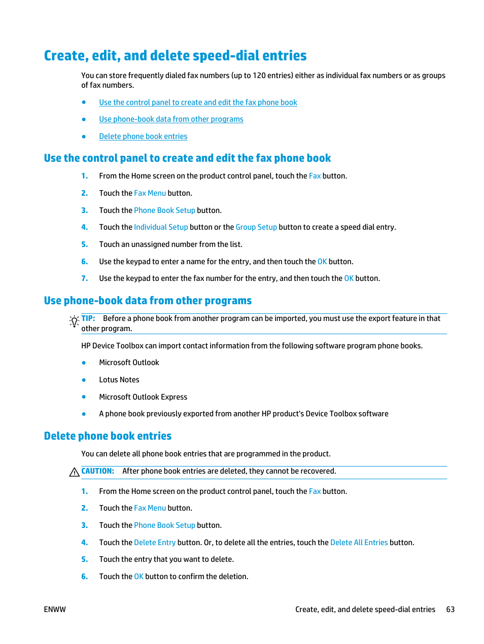 Create, edit, and delete speed-dial entries, Use phone-book data from other programs, Delete phone book entries | HP Color LaserJet Pro MFP M476 series User Manual | Page 73 / 144