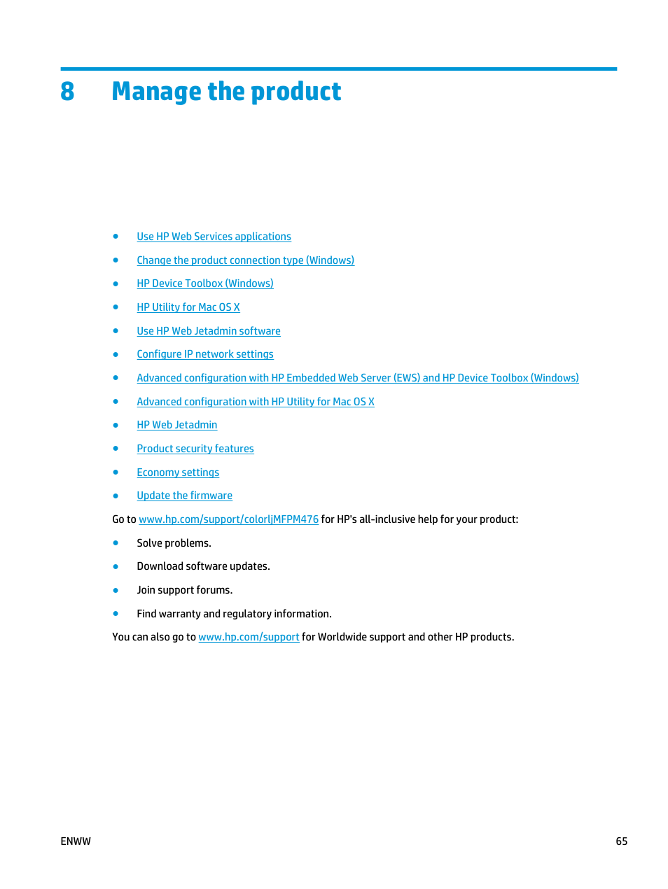 Manage the product, 8 manage the product, 8manage the product | HP Color LaserJet Pro MFP M476 series User Manual | Page 75 / 144