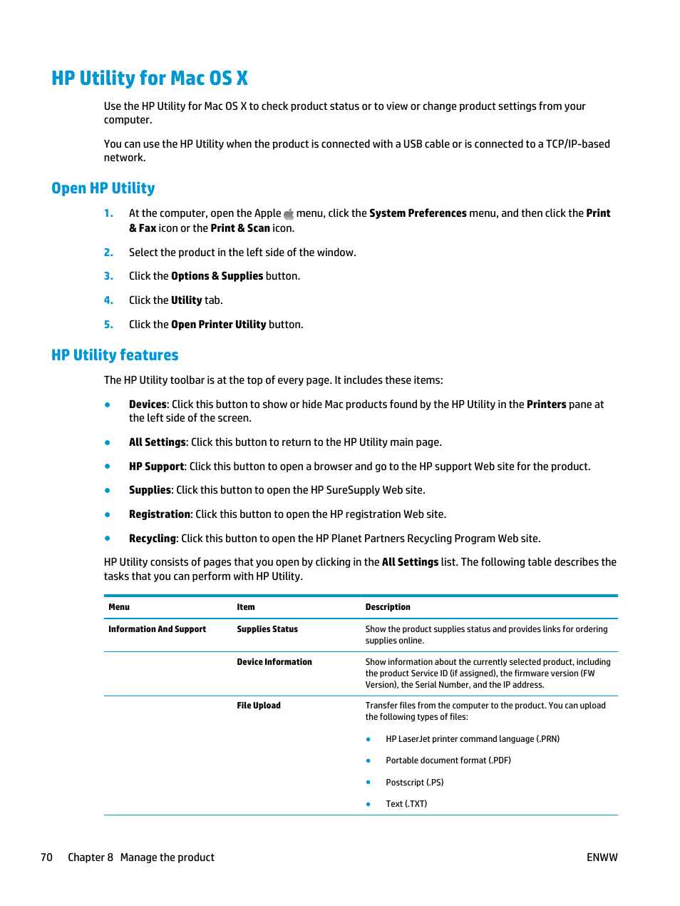 Hp utility for mac os x, Open hp utility, Hp utility features | Open hp utility hp utility features | HP Color LaserJet Pro MFP M476 series User Manual | Page 80 / 144