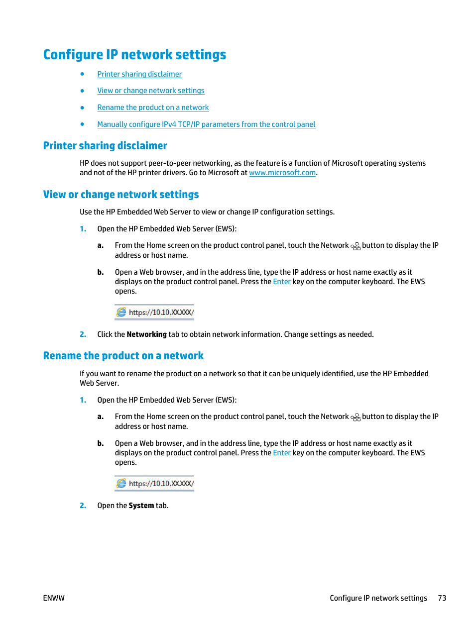 Configure ip network settings, Printer sharing disclaimer, View or change network settings | Rename the product on a network | HP Color LaserJet Pro MFP M476 series User Manual | Page 83 / 144