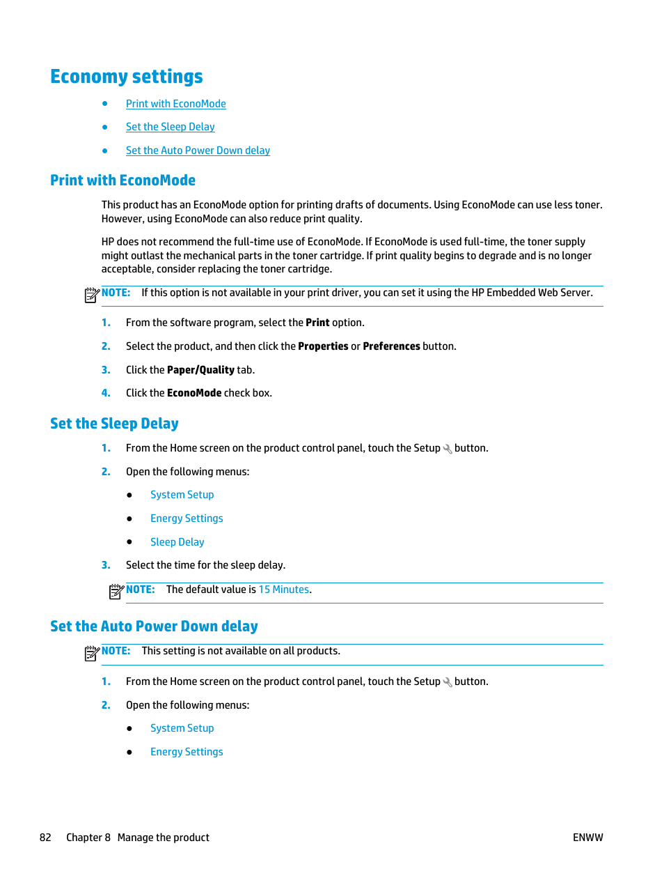 Economy settings, Print with economode, Set the sleep delay | Set the auto power down delay | HP Color LaserJet Pro MFP M476 series User Manual | Page 92 / 144