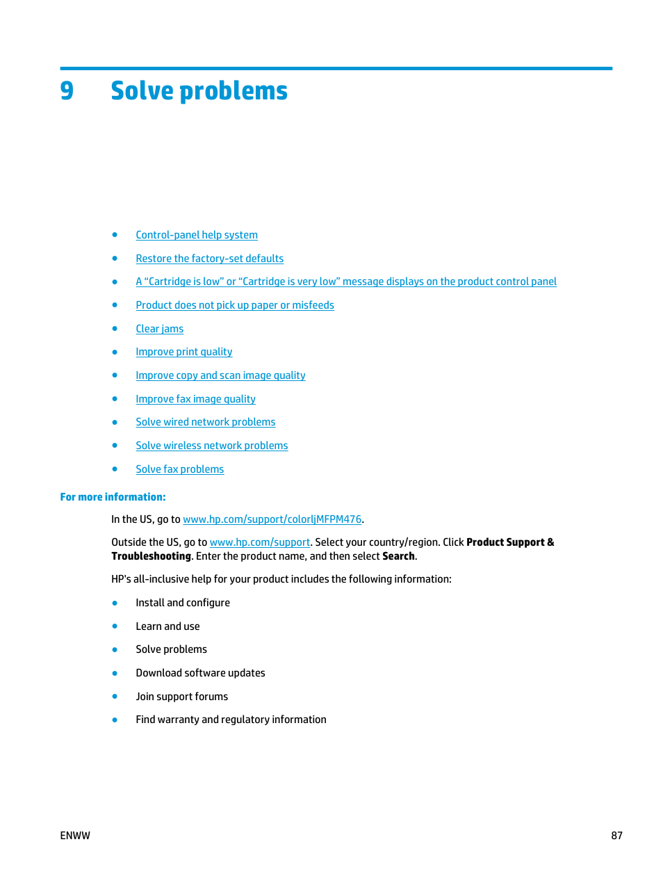 Solve problems, 9 solve problems, 9solve problems | HP Color LaserJet Pro MFP M476 series User Manual | Page 97 / 144