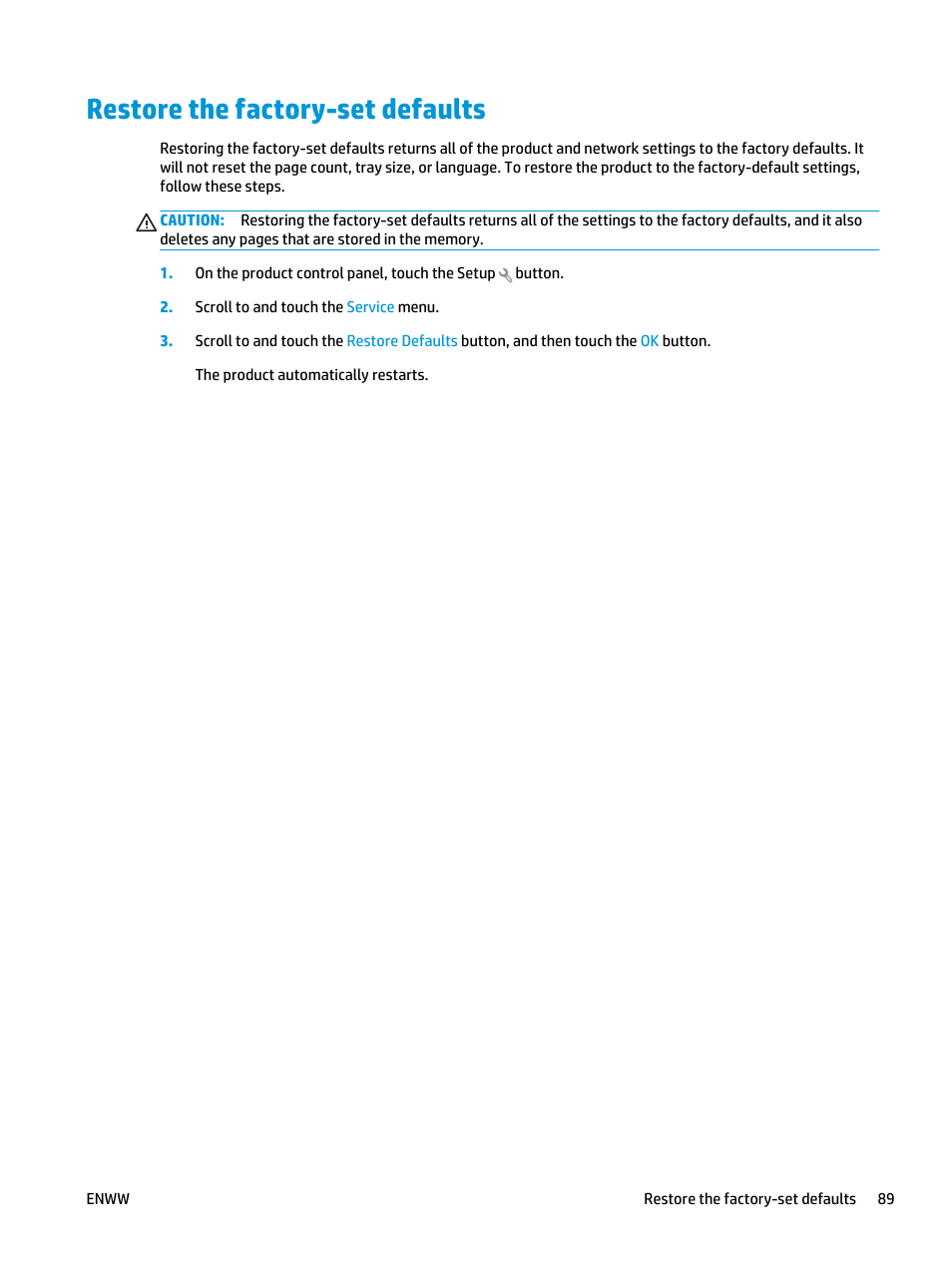 Restore the factory-set defaults | HP Color LaserJet Pro MFP M476 series User Manual | Page 99 / 144