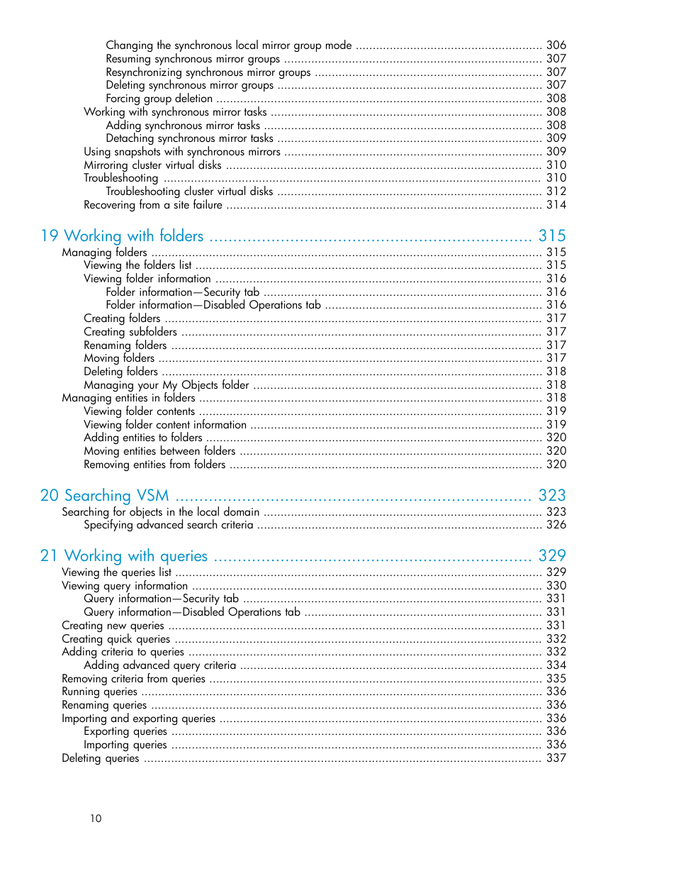 19 working with folders, 20 searching vsm, 21 working with queries | HP SAN Virtualization Services Platform User Manual | Page 10 / 400