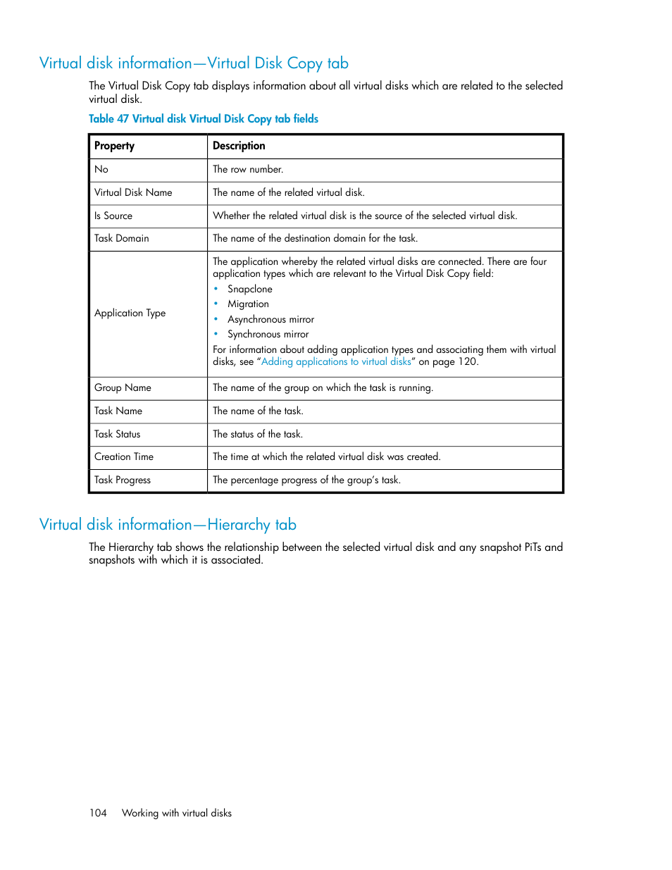 Virtual disk information—virtual disk copy tab, Virtual disk information—hierarchy tab, 104 virtual disk information—hierarchy tab | Virtual disk virtual disk copy tab fields | HP SAN Virtualization Services Platform User Manual | Page 104 / 400