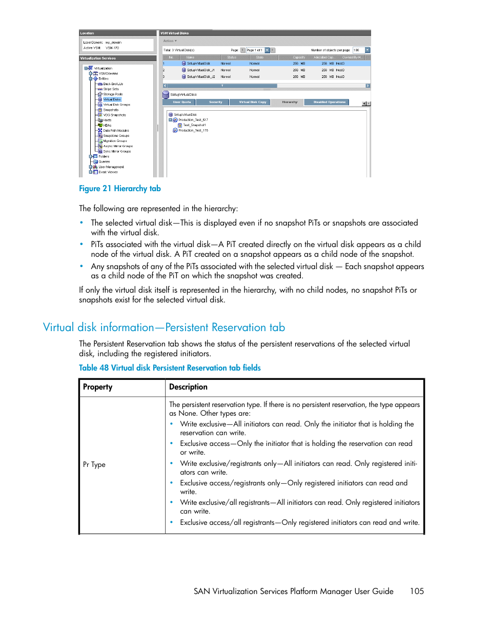 Hierarchy tab, Virtual disk persistent reservation tab fields | HP SAN Virtualization Services Platform User Manual | Page 105 / 400