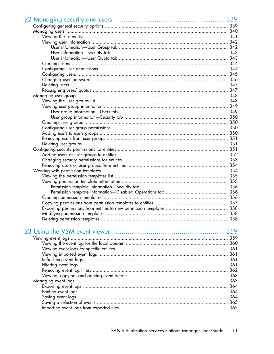 22 managing security and users, 23 using the vsm event viewer | HP SAN Virtualization Services Platform User Manual | Page 11 / 400