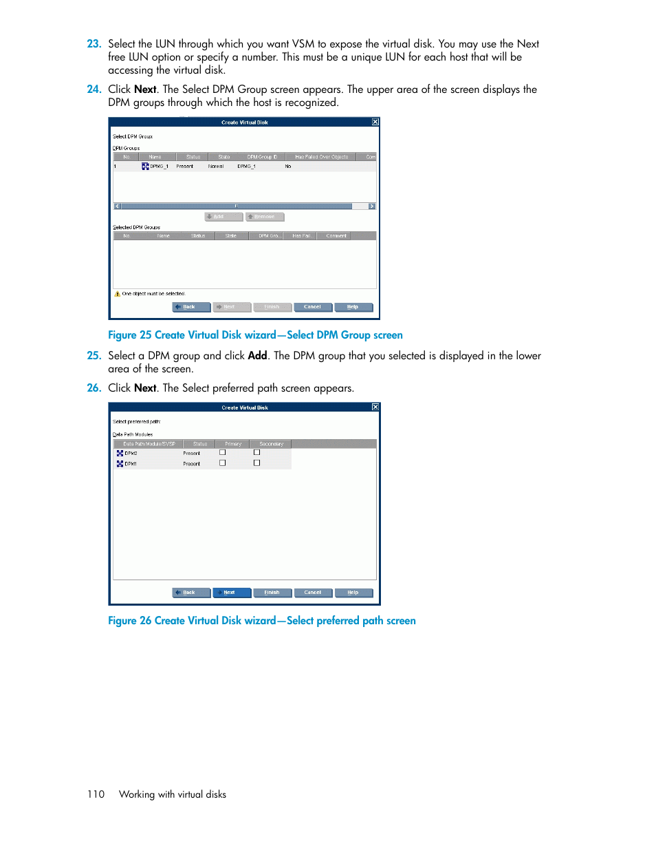 Create virtual disk wizard—select dpm group screen | HP SAN Virtualization Services Platform User Manual | Page 110 / 400