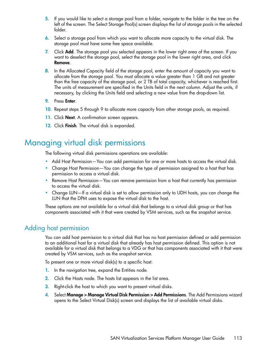 Managing virtual disk permissions, Adding host permission, Managing virtual disk | Permissions | HP SAN Virtualization Services Platform User Manual | Page 113 / 400