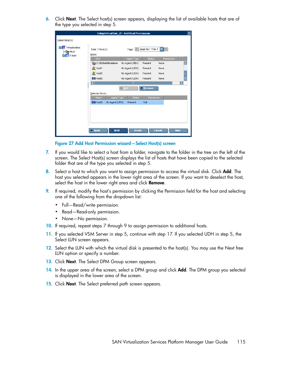 Add host permission wizard—select host(s) screen | HP SAN Virtualization Services Platform User Manual | Page 115 / 400