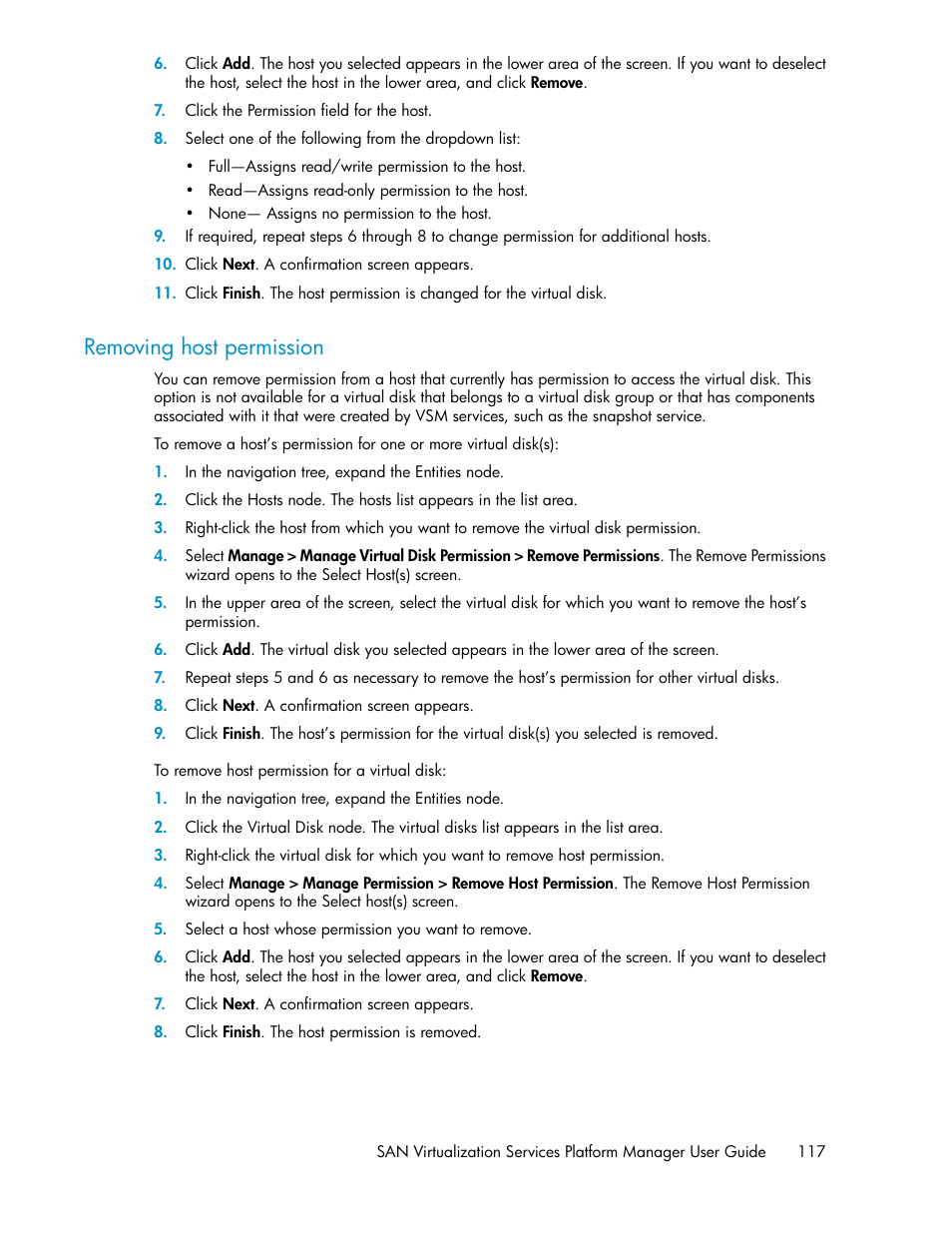 Removing host permission | HP SAN Virtualization Services Platform User Manual | Page 117 / 400