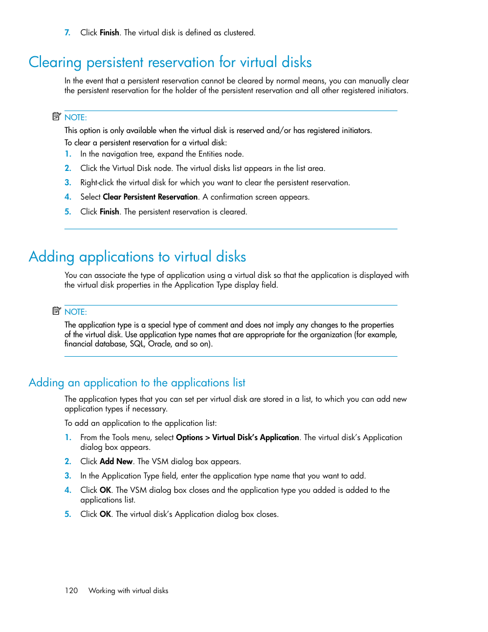 Clearing persistent reservation for virtual disks, Adding applications to virtual disks, Adding an application to the applications list | 120 adding applications to virtual disks, Adding applications, To virtual disks | HP SAN Virtualization Services Platform User Manual | Page 120 / 400