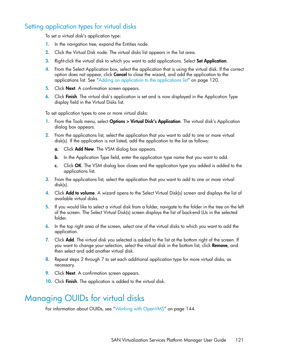 Setting application types for virtual disks, Managing ouids for virtual disks | HP SAN Virtualization Services Platform User Manual | Page 121 / 400