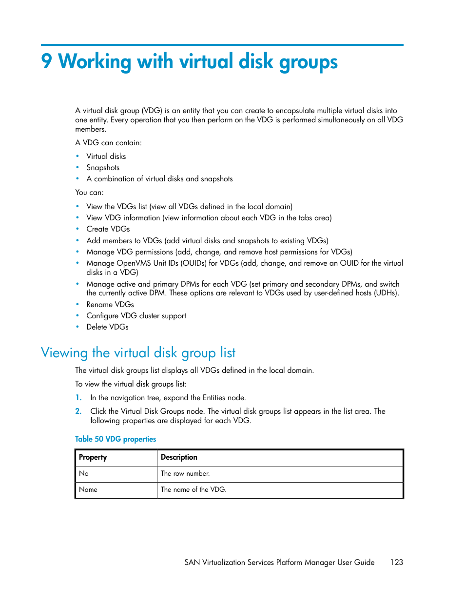 9 working with virtual disk groups, Viewing the virtual disk group list, Vdg properties | HP SAN Virtualization Services Platform User Manual | Page 123 / 400