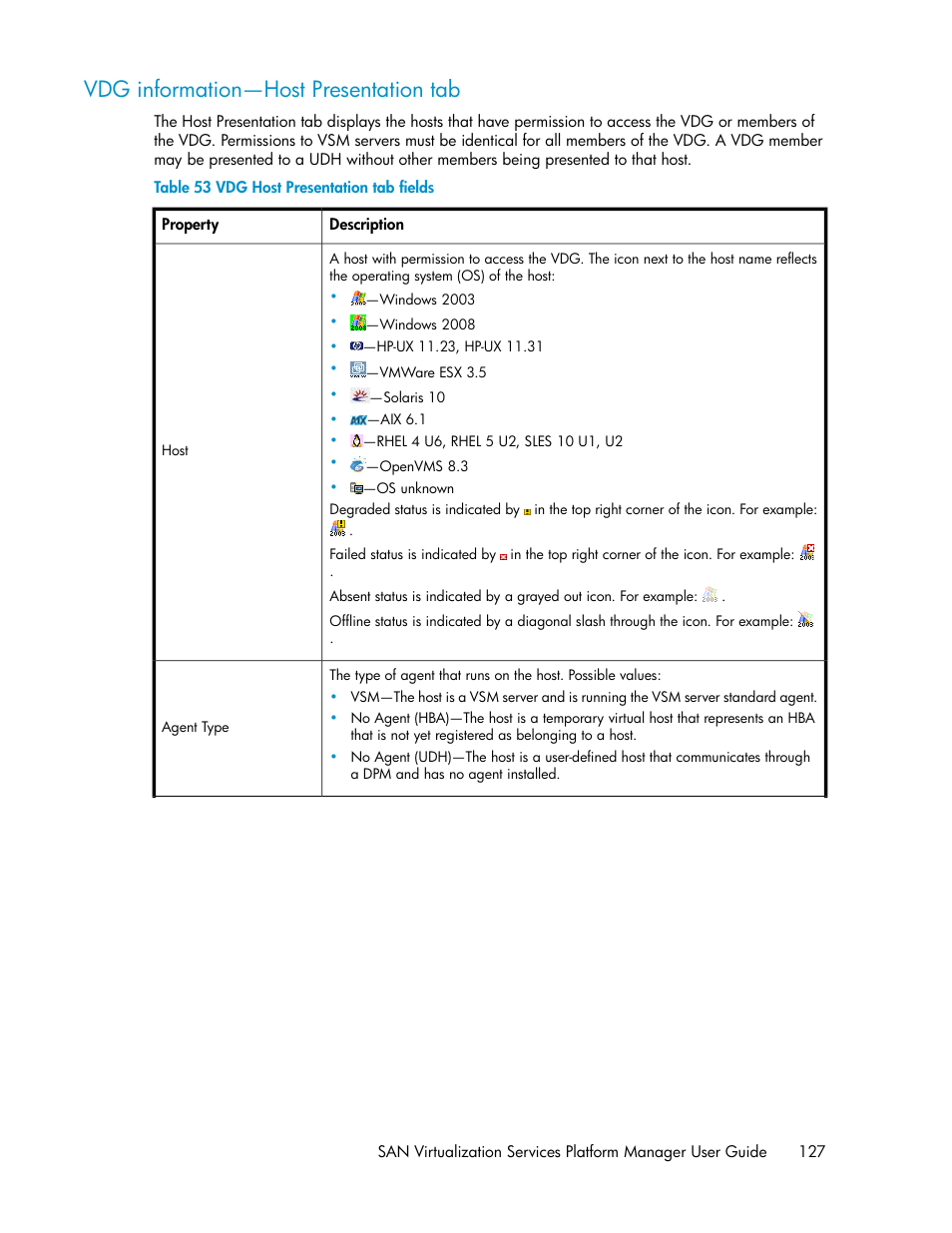 Vdg information—host presentation tab, Vdg host presentation tab fields | HP SAN Virtualization Services Platform User Manual | Page 127 / 400