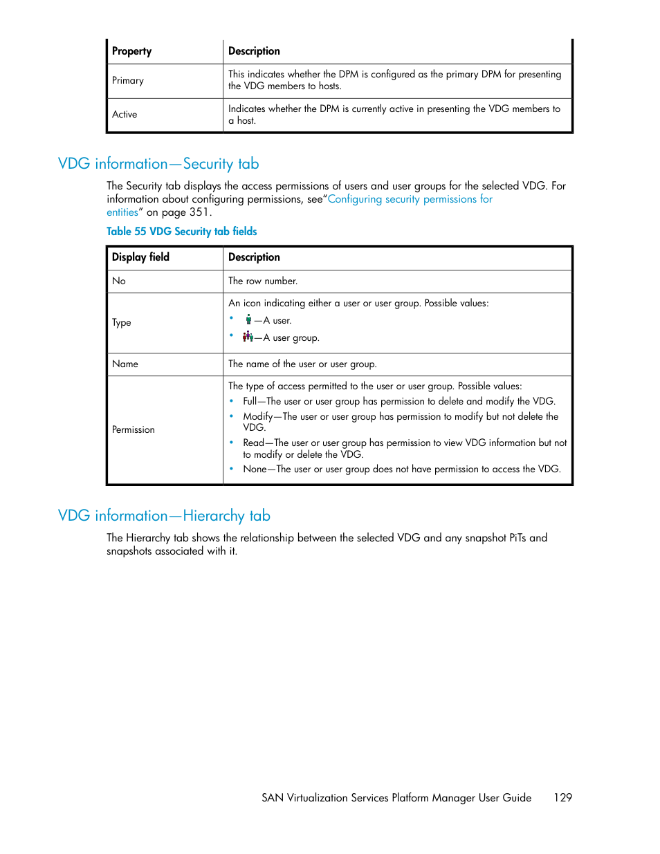 Vdg information—security tab, Vdg information—hierarchy tab, 129 vdg information—hierarchy tab | Vdg security tab fields | HP SAN Virtualization Services Platform User Manual | Page 129 / 400