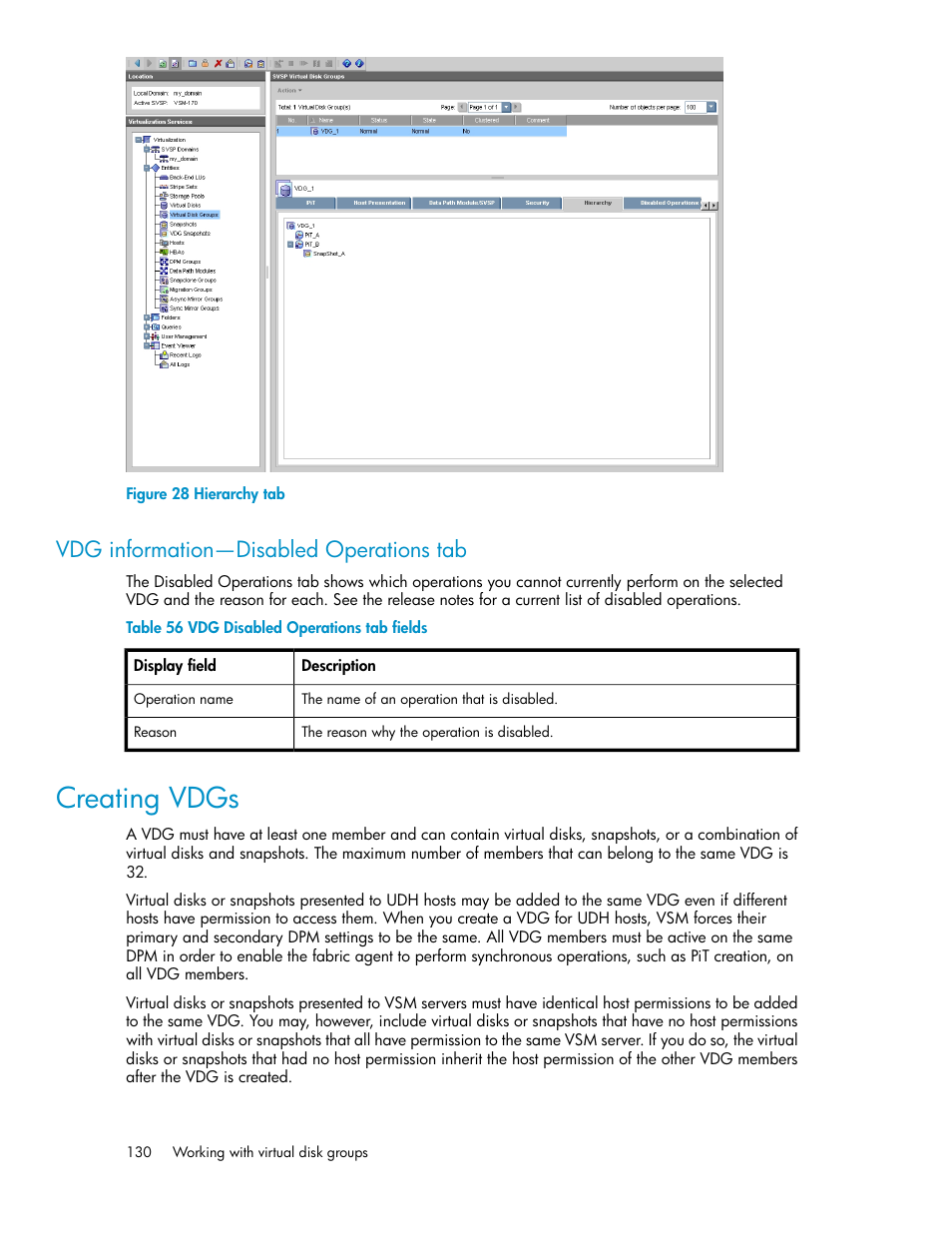 Vdg information—disabled operations tab, Creating vdgs, Hierarchy tab | Vdg disabled operations tab fields | HP SAN Virtualization Services Platform User Manual | Page 130 / 400