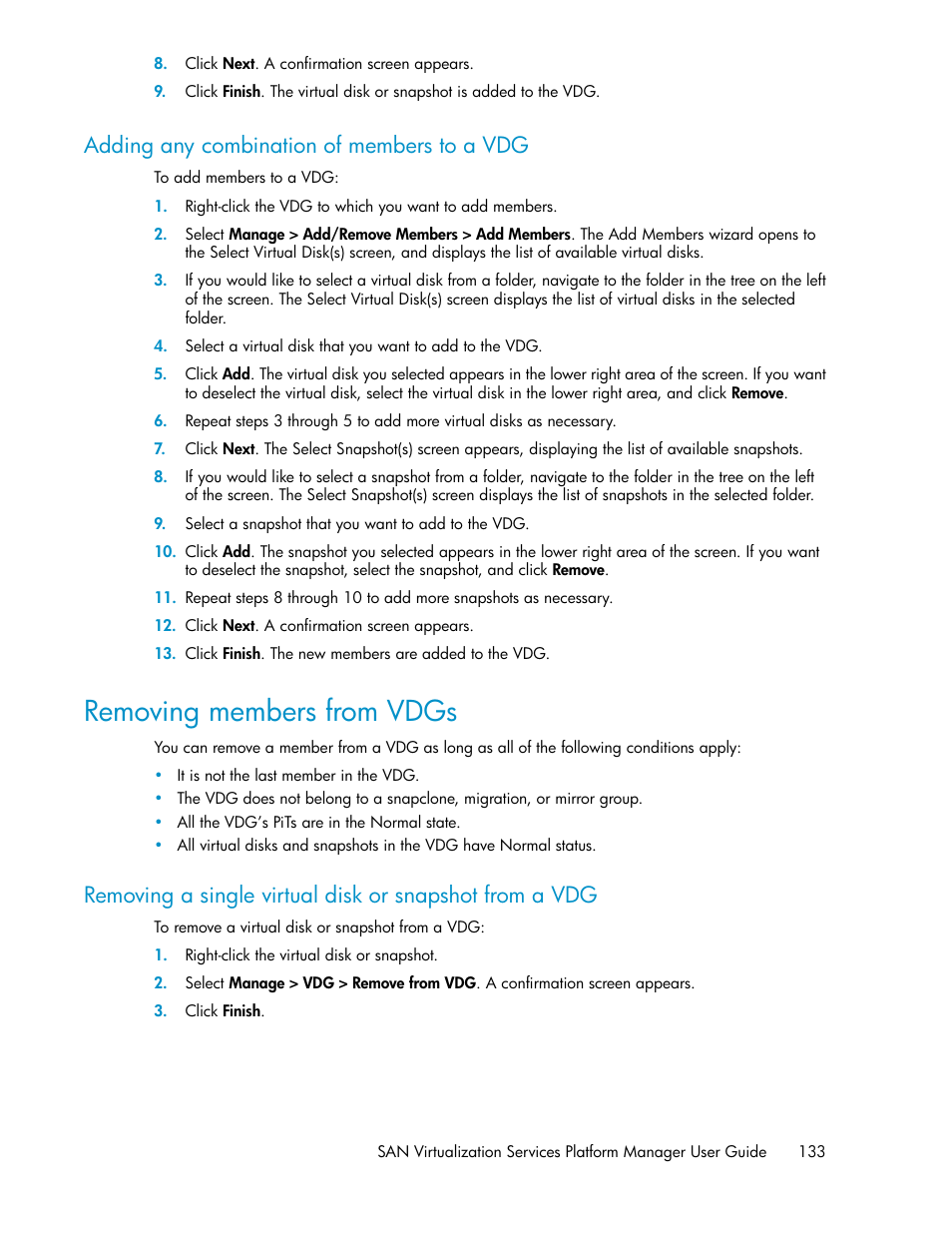 Adding any combination of members to a vdg, Removing members from vdgs | HP SAN Virtualization Services Platform User Manual | Page 133 / 400