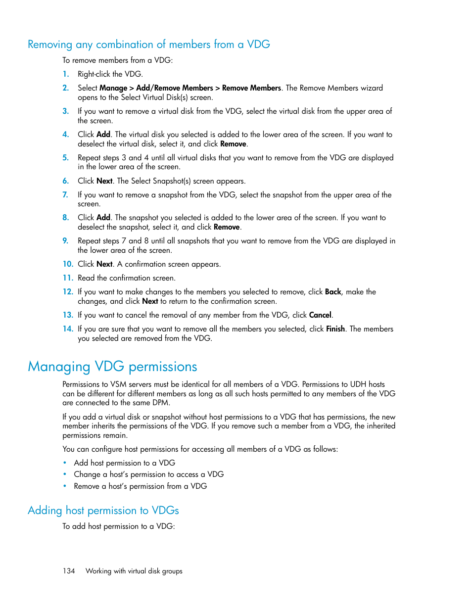 Removing any combination of members from a vdg, Managing vdg permissions, Adding host permission to vdgs | HP SAN Virtualization Services Platform User Manual | Page 134 / 400