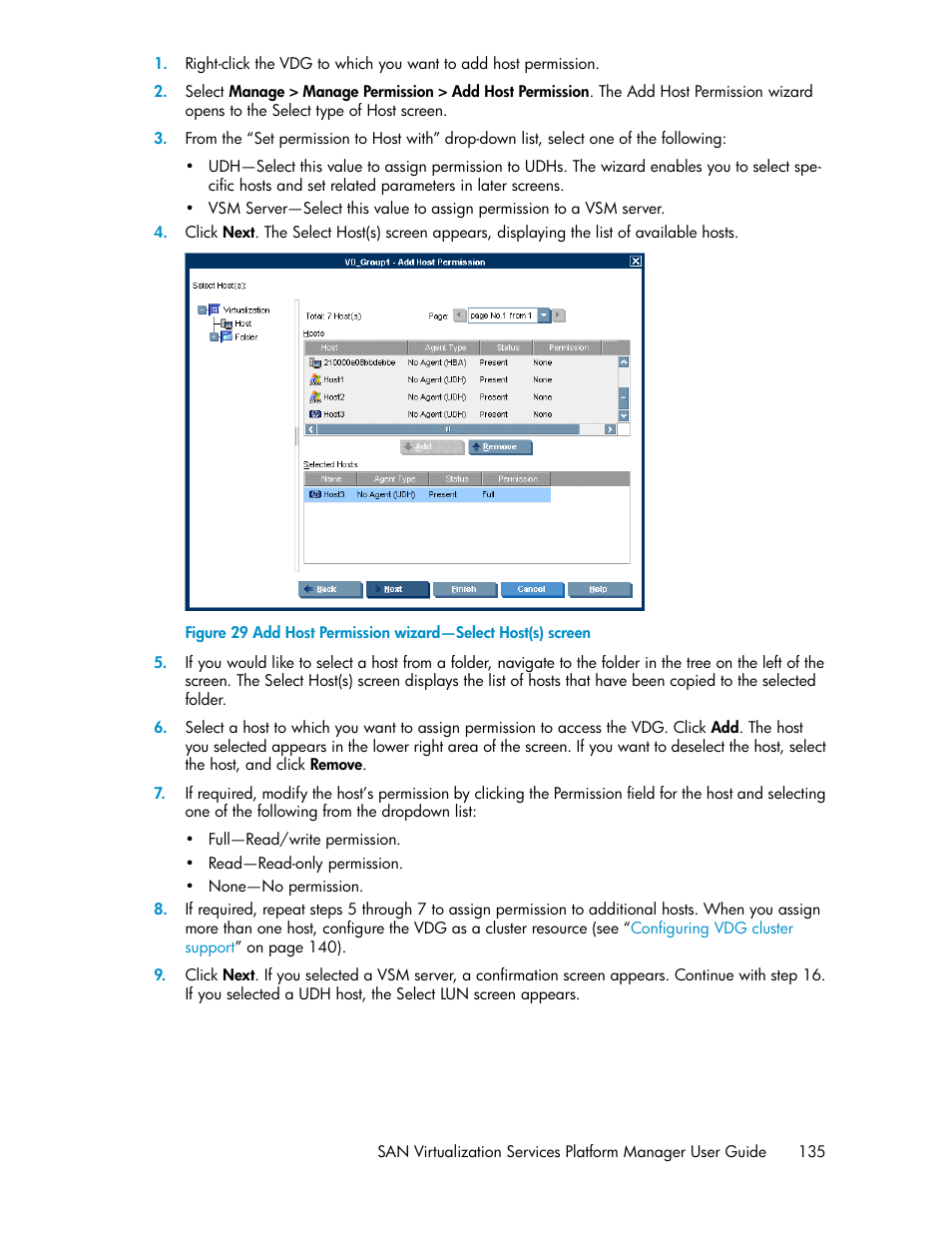 Add host permission wizard—select host(s) screen | HP SAN Virtualization Services Platform User Manual | Page 135 / 400