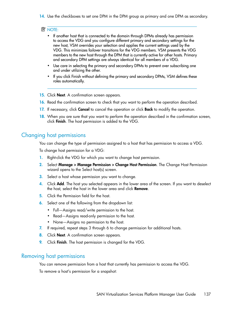 Changing host permissions, Removing host permissions, 137 removing host permissions | HP SAN Virtualization Services Platform User Manual | Page 137 / 400