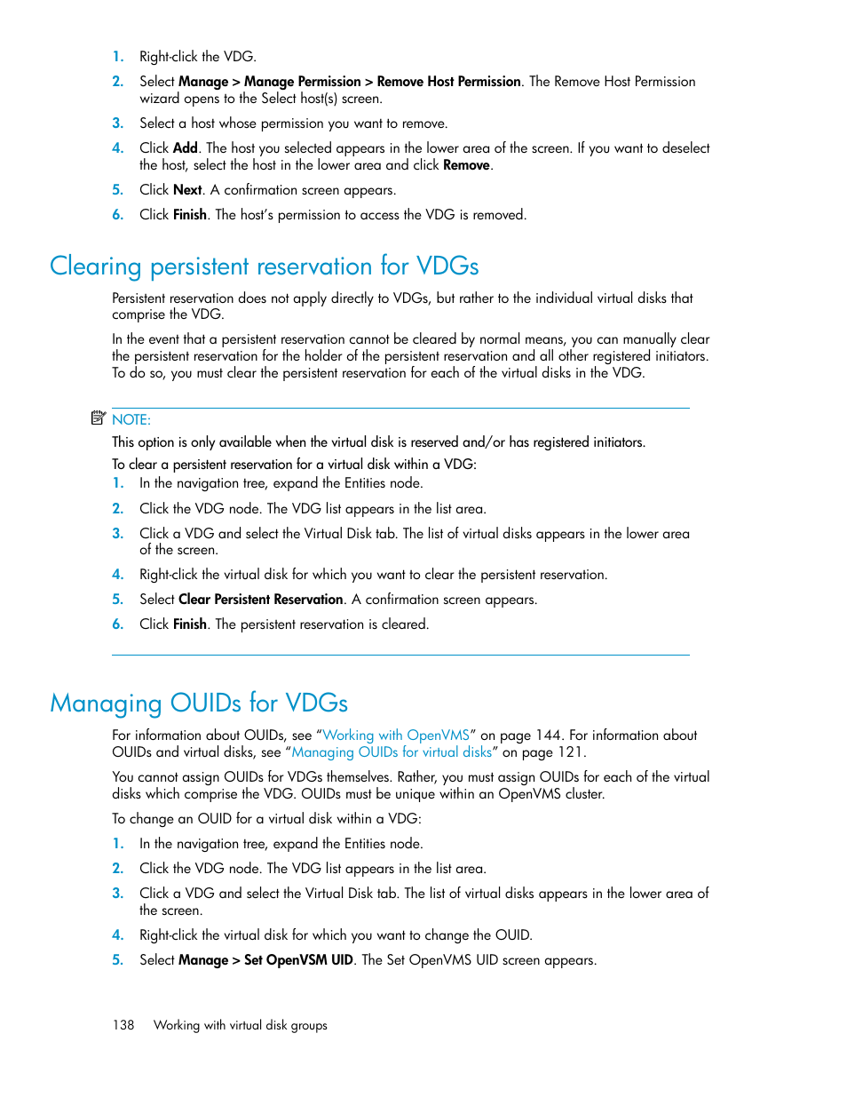 Clearing persistent reservation for vdgs, Managing ouids for vdgs | HP SAN Virtualization Services Platform User Manual | Page 138 / 400