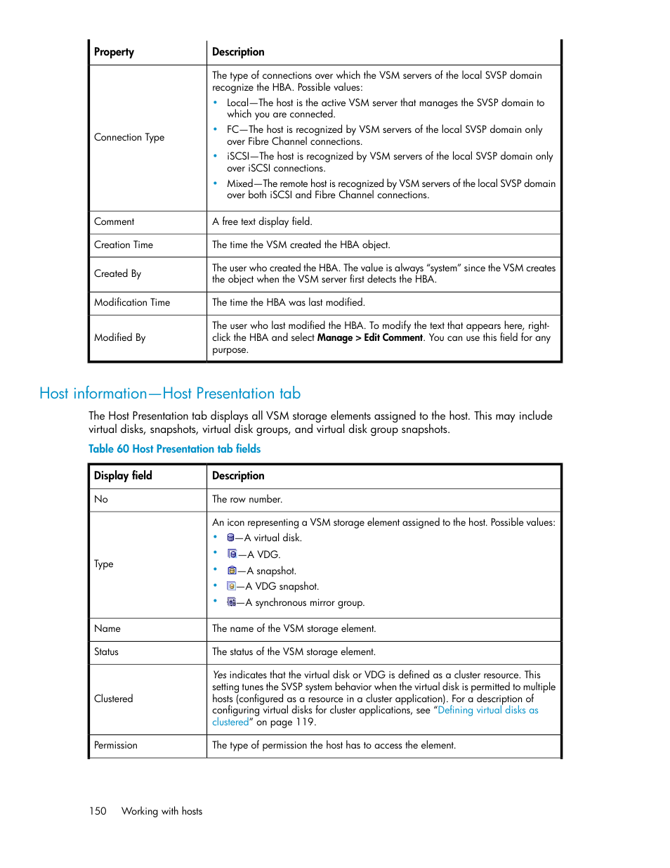 Host information—host presentation tab, Host presentation tab fields | HP SAN Virtualization Services Platform User Manual | Page 150 / 400