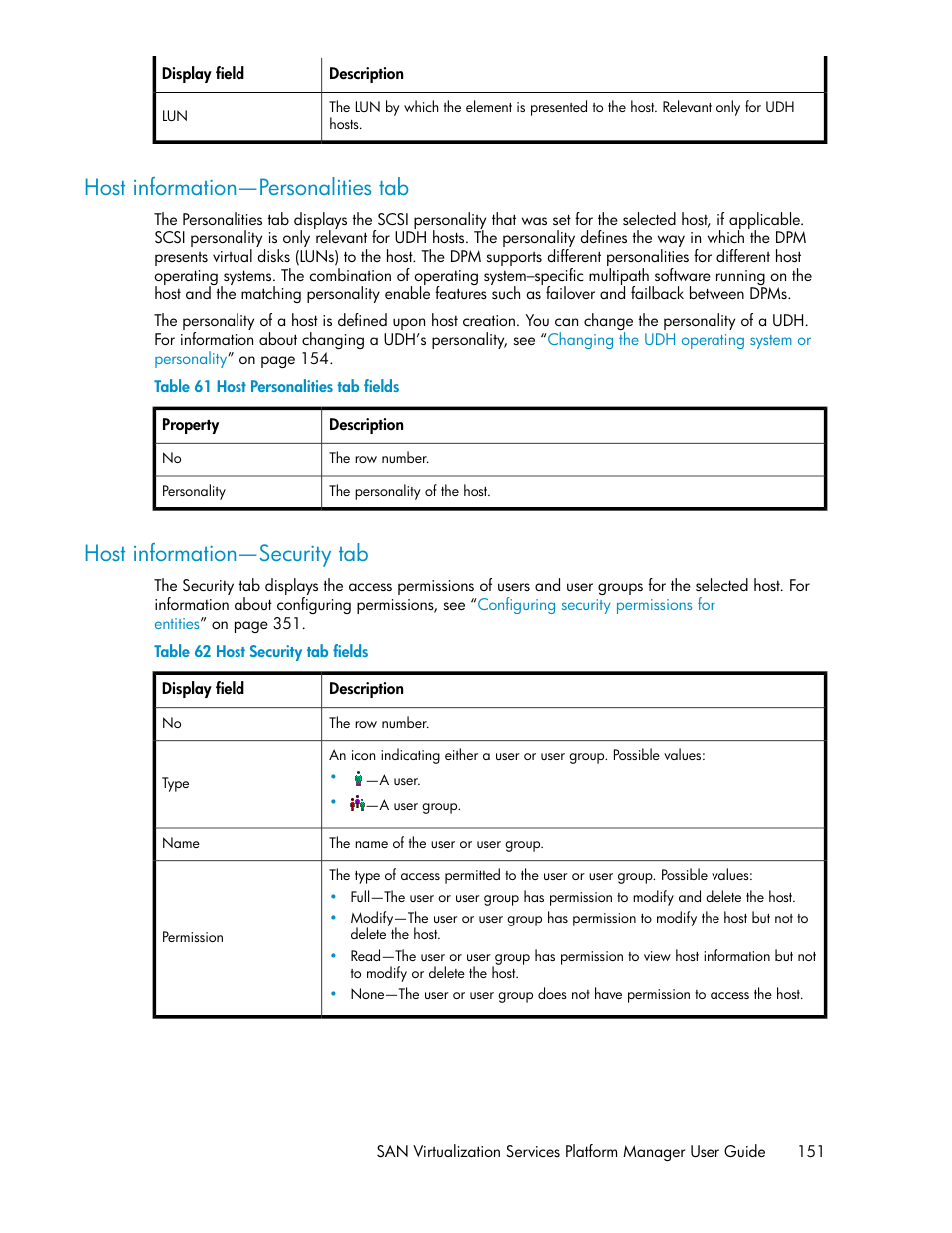 Host information—personalities tab, Host information—security tab, 151 host information—security tab | Host personalities tab fields, Host security tab fields | HP SAN Virtualization Services Platform User Manual | Page 151 / 400