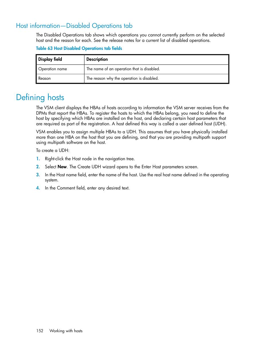 Host information—disabled operations tab, Defining hosts, Host disabled operations tab fields | HP SAN Virtualization Services Platform User Manual | Page 152 / 400